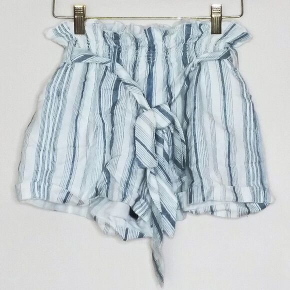 CHASER Beachy Linen Striped Paper Bag Tie Waist Shorts Cuffed Blue/White M NWT - Picture 3 of 7